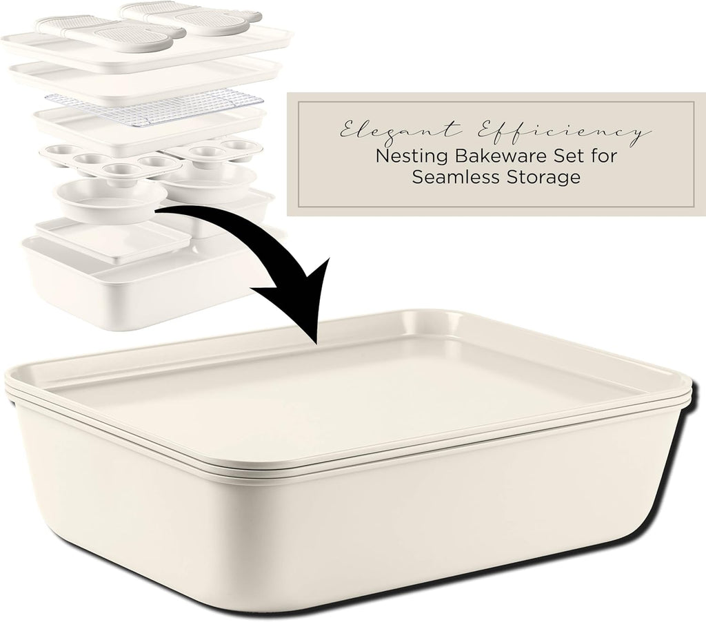 Country Kitchen Nonstick Stackable Bakeware Set - Deluxe Heavy Duty, Durable, Easy Release Baking Set, Cream, 13 Pcs