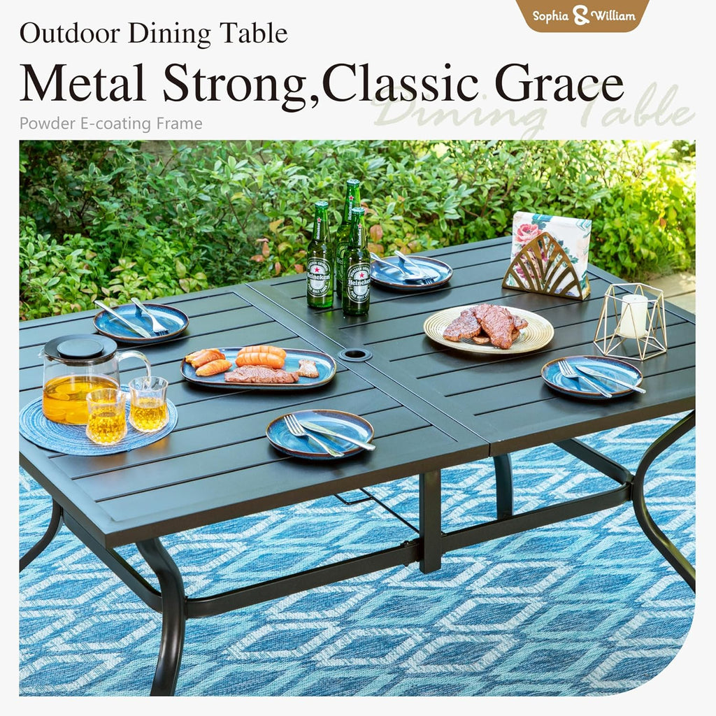 Sophia & William Patio Dining Set Metal Outdoor Table and Chairs Furniture Set 7 Piece, Large 60.2" Dining Table with Umbrella Hole and 6 Backyard Garden Chairs Support 300LBS for Deck, Lawn, Garden