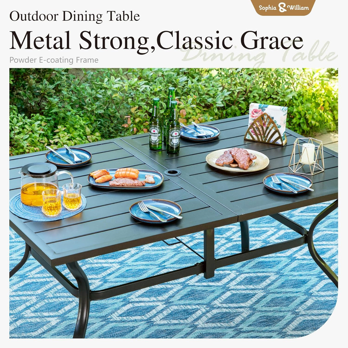 Sophia & William Patio Dining Set Metal Outdoor Table and Chairs Furniture Set 7 Piece, Large 60.2" Dining Table with Umbrella Hole and 6 Backyard Garden Chairs Support 300LBS for Deck, Lawn, Garden