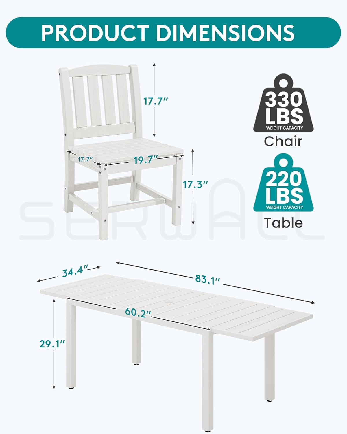 SERWALL Outdoor Dining Chairs Set of 2, All-Weather HDPE Patio Armless Chairs Suitable Outdoor Dining Table, White