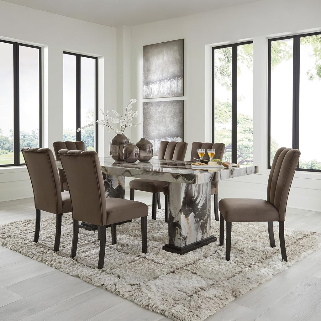 Signature Design by Ashley Jazmore Contemporary Dining Table with Double Pedestal Base, Dark Brown & Beige