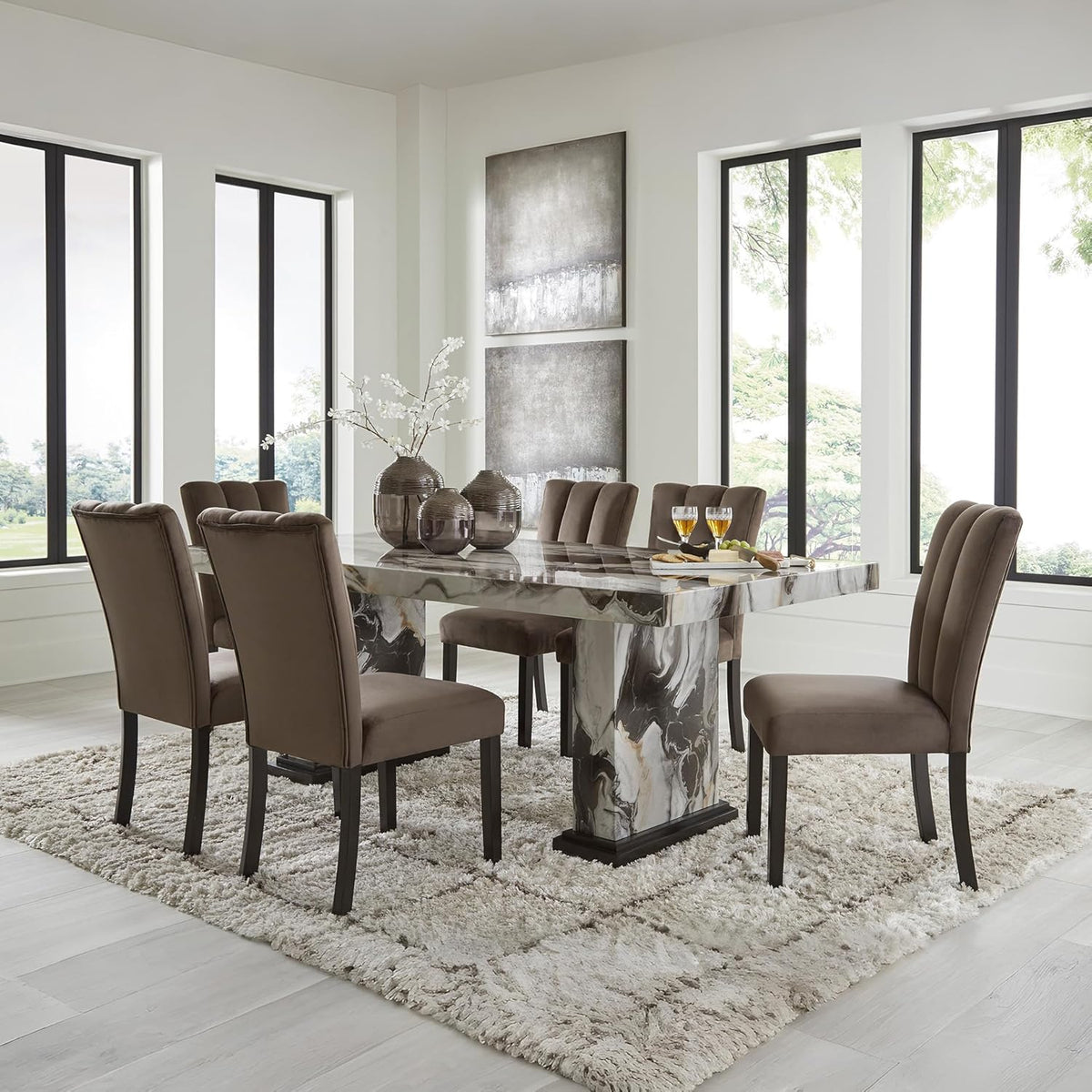 Signature Design by Ashley Jazmore Contemporary Dining Table with Double Pedestal Base, Dark Brown & Beige