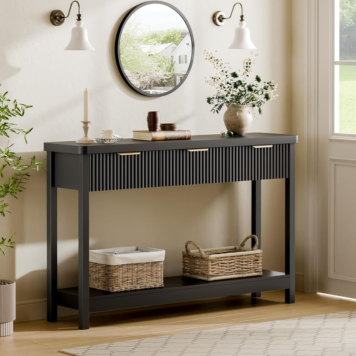 Lulive 51" Fluted Console Table for Entryway, Entryway Table with 3 Wooden Drawers, Farmhouse Behind Sofa Table for Living Room, Hallway, Couch, Foyer