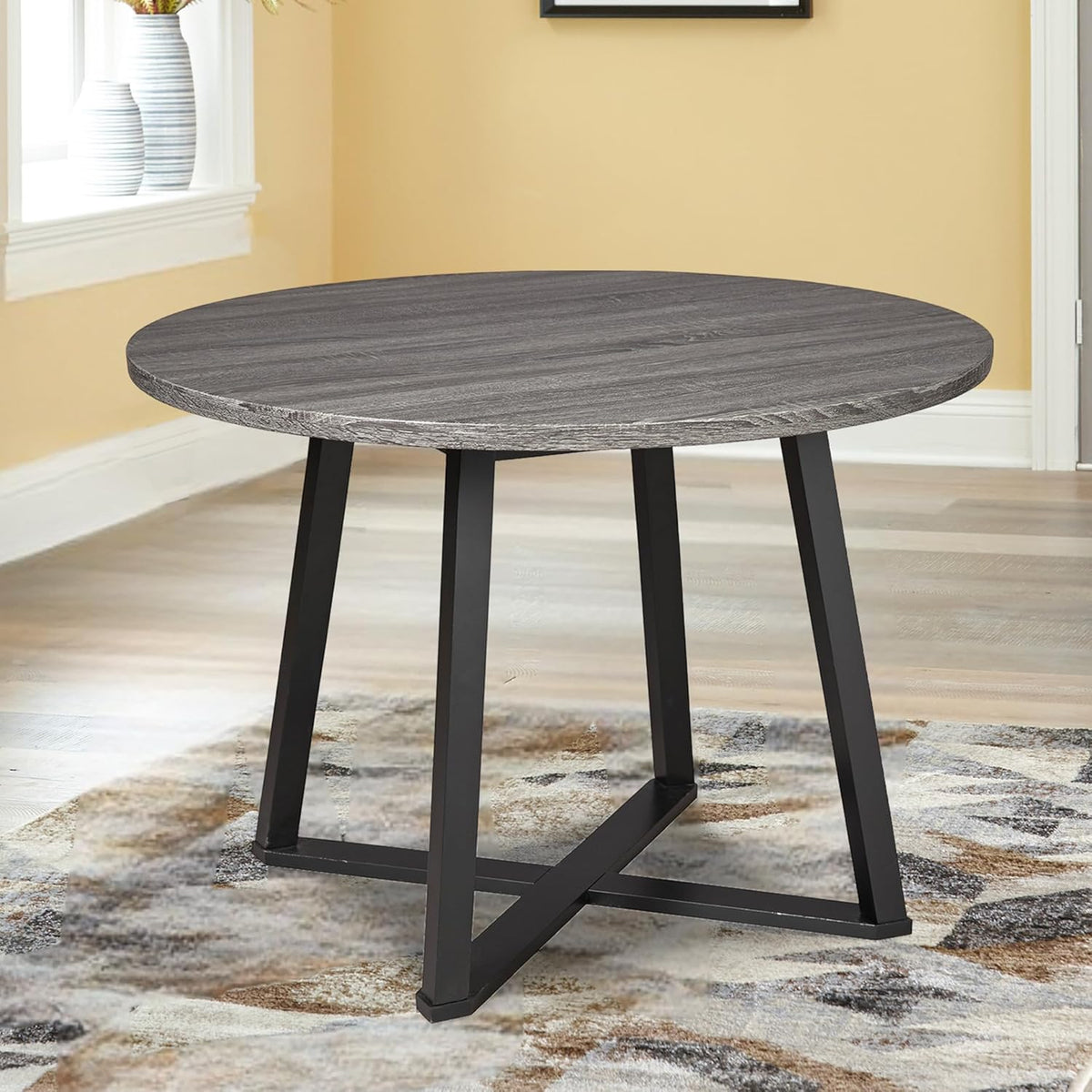 Signature Design by Ashley Centiar Mid Century Round Dining Room Table with Metal Legs, Gray & Black | Mid Century