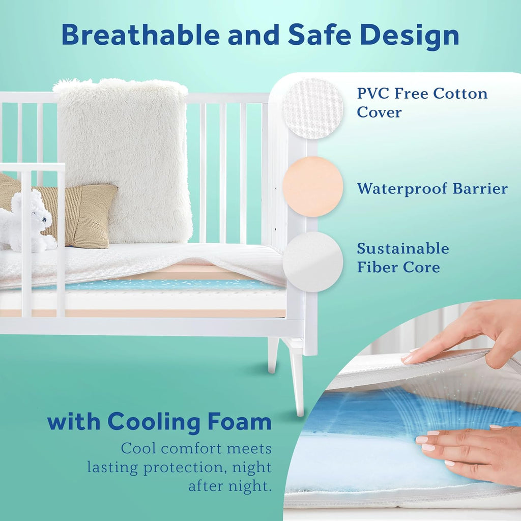 Sealy Baby OptiCool Breathable Crib Mattress, GREENGUARD GOLD Certified, Made in USA, Toddler Bed Fit, 2 Stage Cooling Memory Foam, Non Toxic, Airy Cotton Cover, Safety & Quality Tested, 52x28"