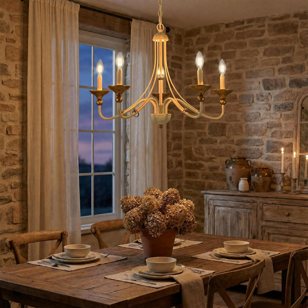 27.1" French Country Chandeliers for Dining Room, 5-Light Farmhouse Candle Chandelier, Rustic Vintage White&Antique Gold Metal Pendant Light Fixture for Kitchen Island Bedroom Living Room Foyer