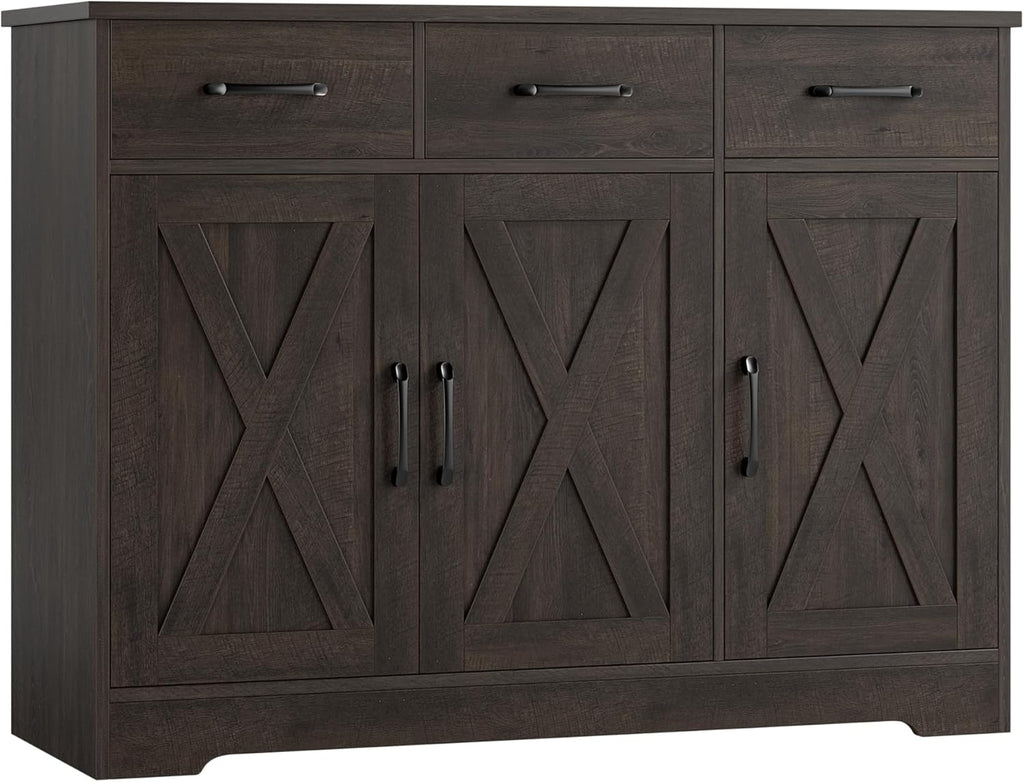 HOSTACK Modern Farmhouse Buffet Sideboard Cabinet, Barn Doors Storage Cabinet with Drawers and Shelves, Wood Coffee Bar with Storage for Dining Room, Kitchen, Living Room, Dark Brown