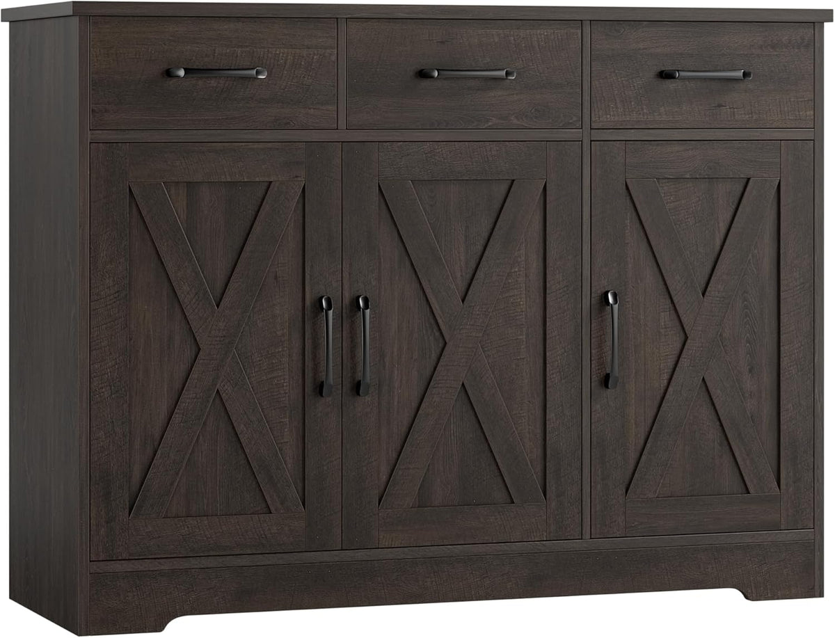 HOSTACK Modern Farmhouse Buffet Sideboard Cabinet, Barn Doors Storage Cabinet with Drawers and Shelves, Wood Coffee Bar with Storage for Dining Room, Kitchen, Living Room, Dark Brown
