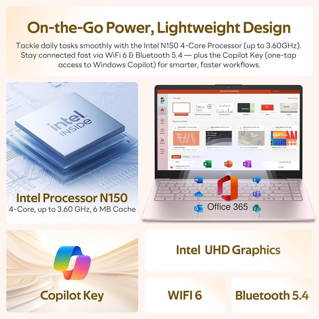 HP Flagship 14" HD Student&Business Laptop with AI Copilot, 13th Gen Intel 4-Core, 4GB RAM, 256GB Storage (128GB UFS + 128GB Docking Station), 1 Year Office 365, 720p Webcam, Win 11, Tranquil Pink