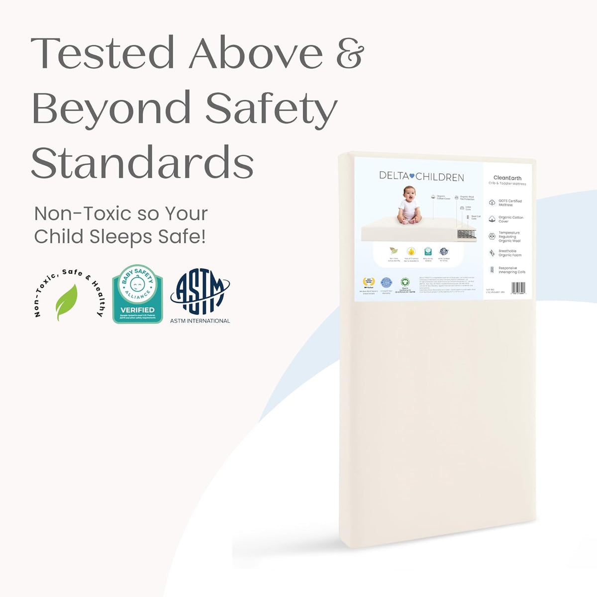 Delta Children CleanEarth Certified Organic Crib and Toddler Mattress – GOTS Certified, Non-Toxic Breathable Baby Mattress - Regulates Temperature, 10-Year Warranty
