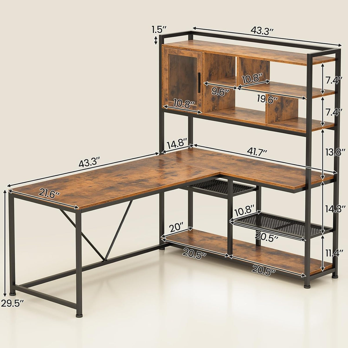 SEDETA L Shaped Computer Desk, 58'' Office Desk with LED Light and Bookshelf, L Shaped Corner Desk with Storage Shelves for Home Office, Gaming Desk, L Desk, Rustic Brown
