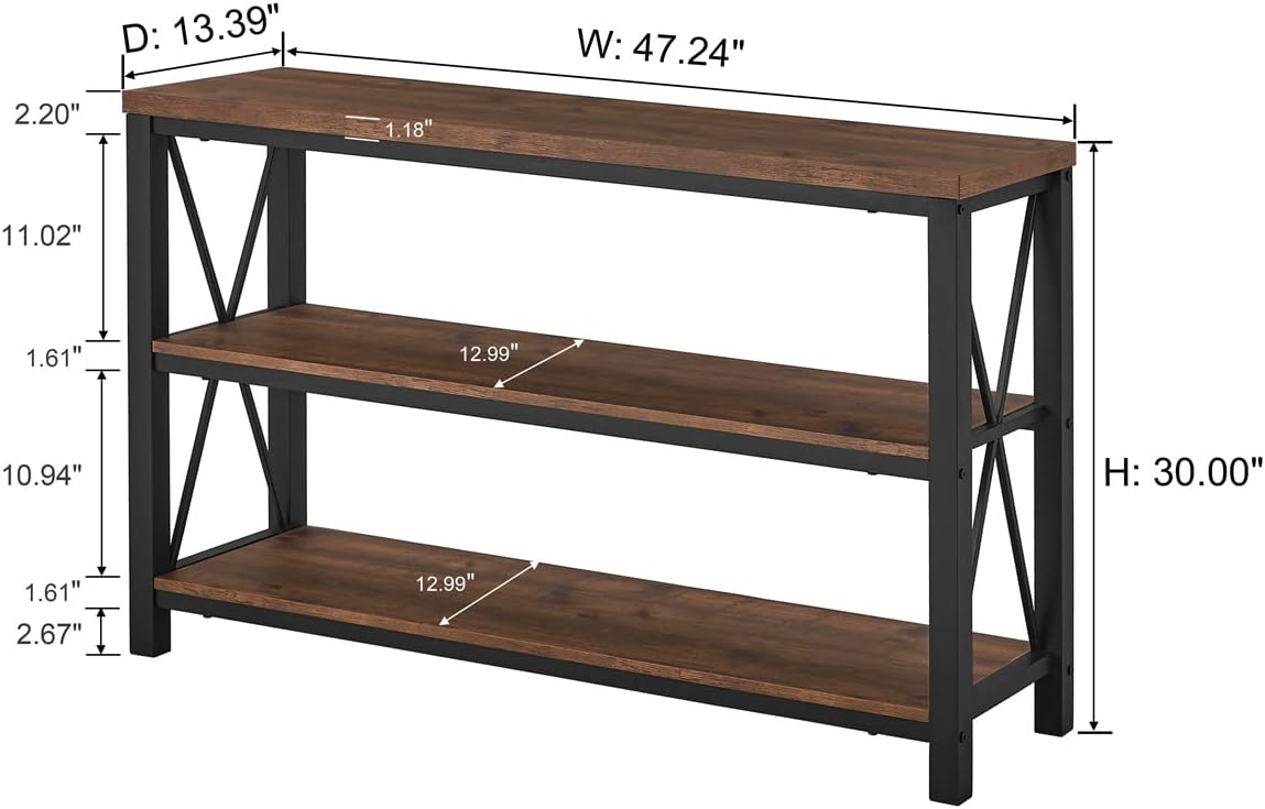 BON AUGURE Rustic Console Table Behind Couch, Industrial Entryway Table with Shelves, Farmhouse 3 Tier Sofa Tables for Living Room, Entry, Hallway (47 Inch, Rustic Oak)