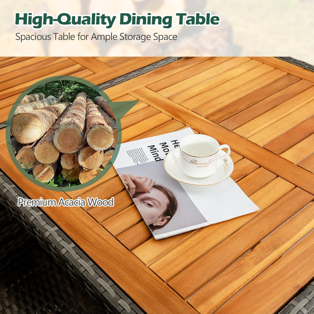 COSTWAY 7-Piece Patio Dining Set for 6, Outdoor Rattan Wicker Table and Chairs Furniture Set with Umbrella Hole, Acacia Wood Tabletop for Backyard, Balcony, Poolside, Grey & Beige
