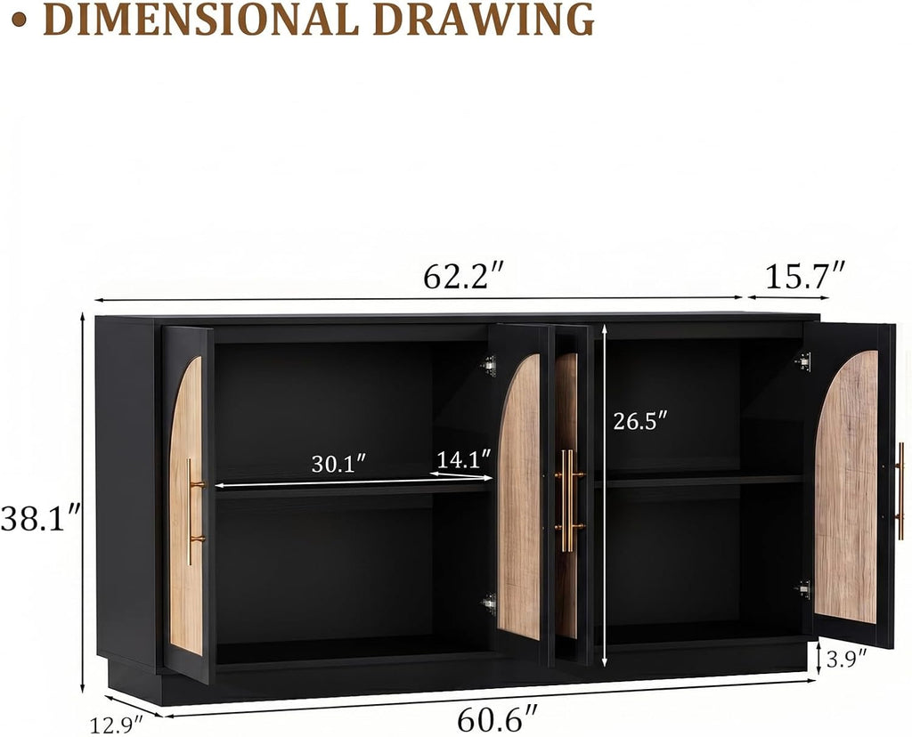Scurrty 62" Antique Buffet Cabinet with Hutch, Vintage Sideboard Console for Dining Room & Kitchen, 2 Adjustable Shelves, Arched Doors & Metal Handles (Black)