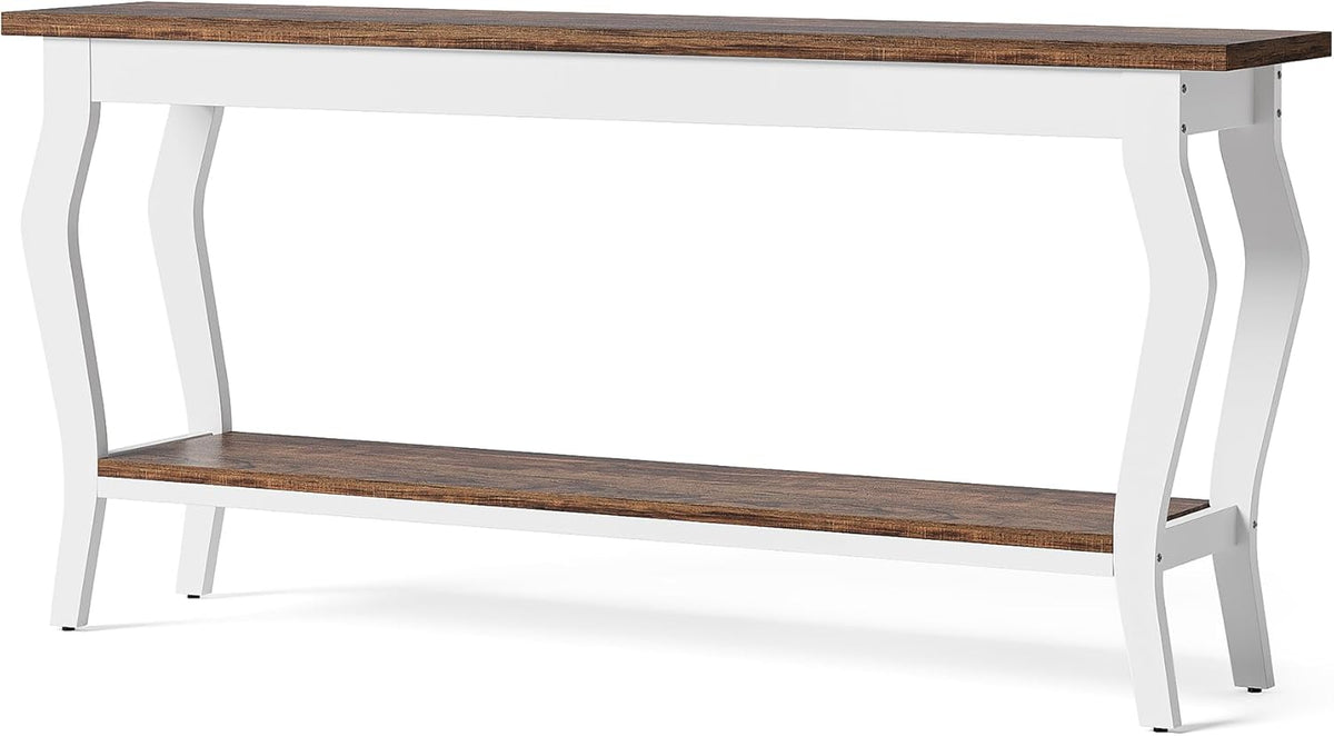 LITTLE TREE 70.9 Inches Long Console Table, 2-Tier Vintage Wooden Sofa Table Behind The Couch with Metal Legs for Hallway, Entryway, Living Room, Brown & White
