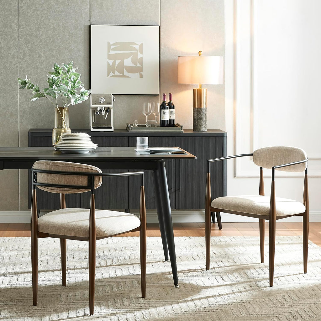 Christopher Knight Home Set of 2 Jetson Modern Curved Open Backrest Fabric Upholstered Dining Chairs, Side Chair for Dining Room/Kitchen, Iron Toothpick Frame, Golden Amrest, Beige+Black