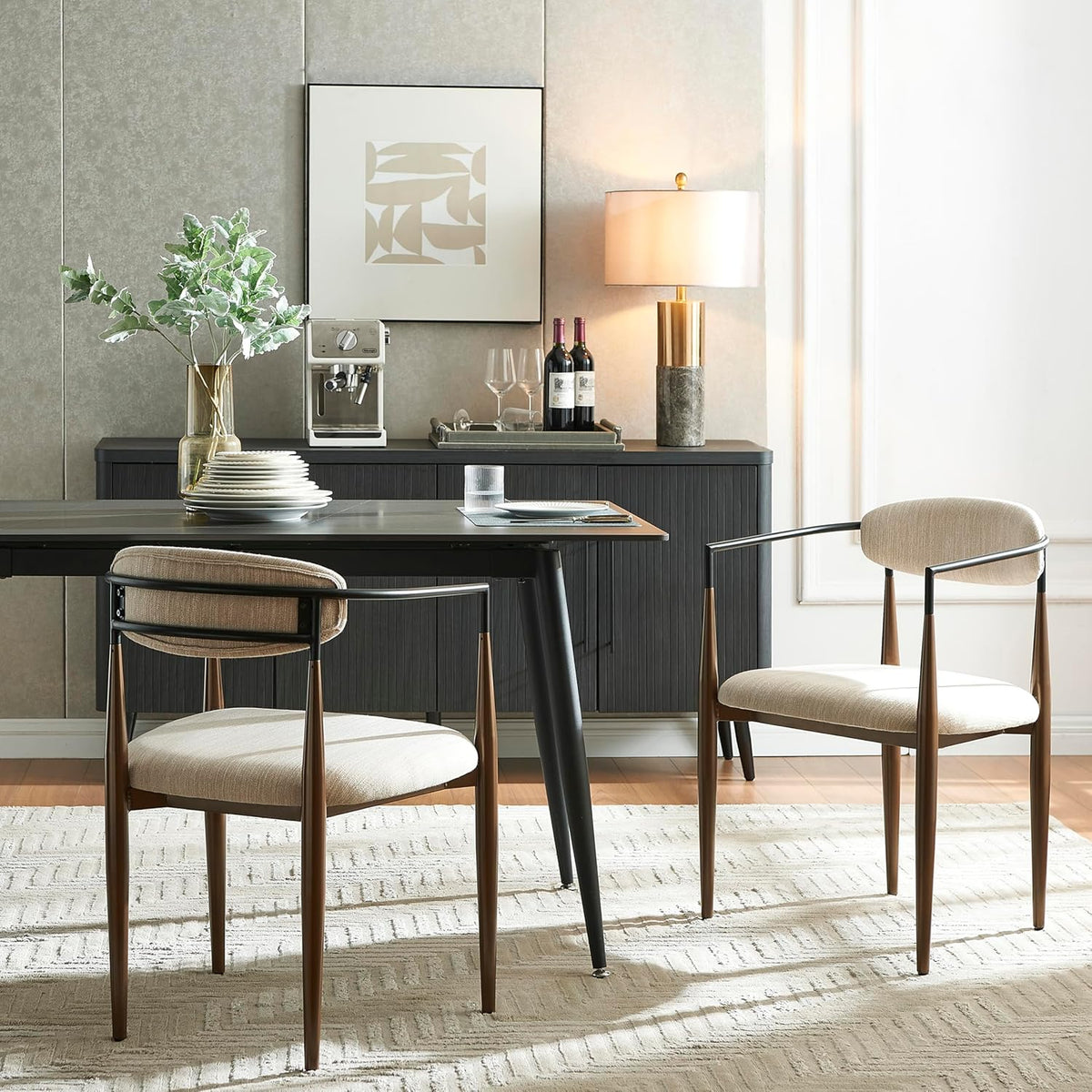 Christopher Knight Home Set of 2 Jetson Modern Curved Open Backrest Fabric Upholstered Dining Chairs, Side Chair for Dining Room/Kitchen, Iron Toothpick Frame, Golden Amrest, Beige+Black