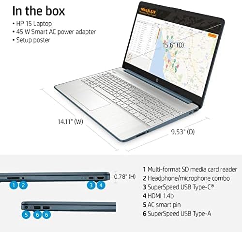 HP 15.6" Laptop, FHD, AMD R5-5500U, 8GB RAM, 256GB SSD, USB Type-C and USB Type-A, HDMI, Built-in Microphone/Webcam, Windows 11, Spruce Blue