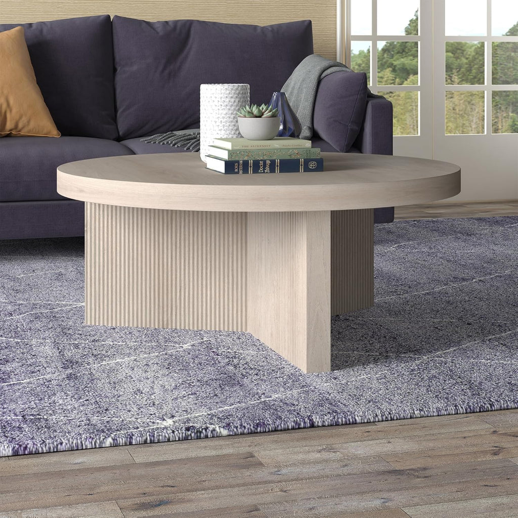Henn&Hart 36" Fluted Round Low-Profile Coffee Table with Ribbed Pedestal Base for Living Room, Family Room, or Office, Beech White