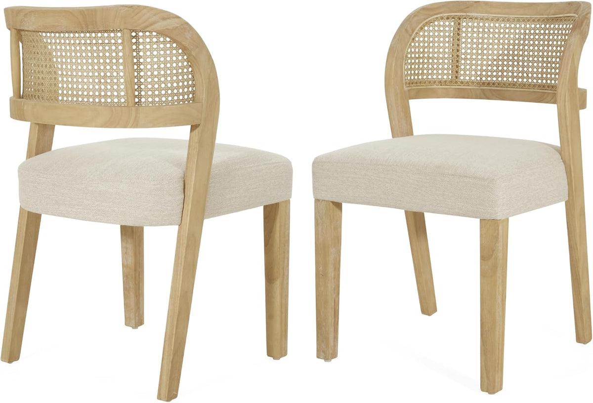 Christopher Knight Home Selwyn Dining Chairs Set of 2, Modern Dining Chair with Fabric Upholstery and Curved Back, Rubberwood Frame Kitchen Chairs with Cane Webbing, Accent Chairs, Beige+Natural