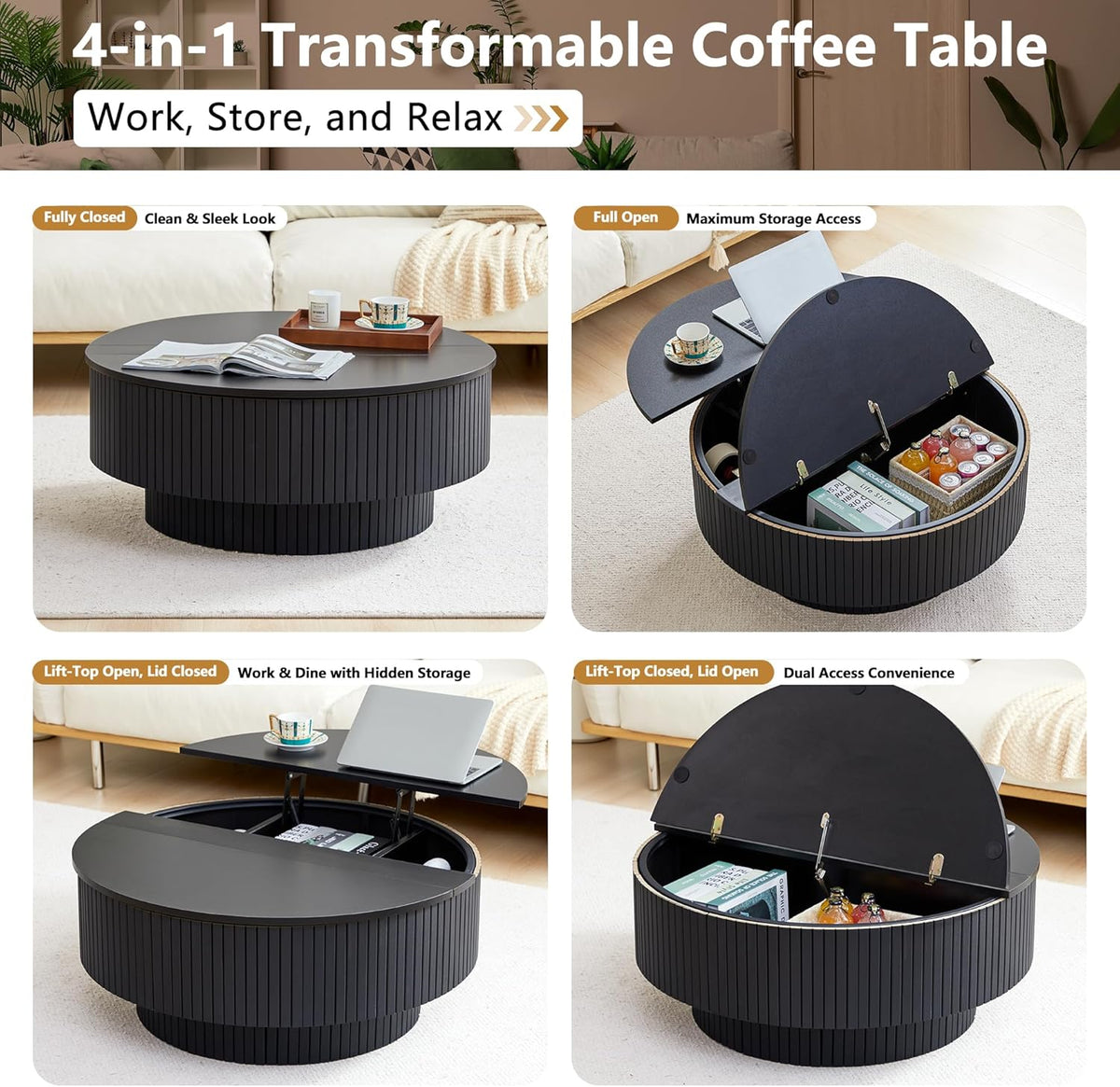 33" Round Coffee Table with Lift-Top & Flip-Top Storage, Modern Accent Fluted Coffee Tables with Metal Frame, Wooden Circle Center Table for Living Room Small Space Apartment Office (Black)