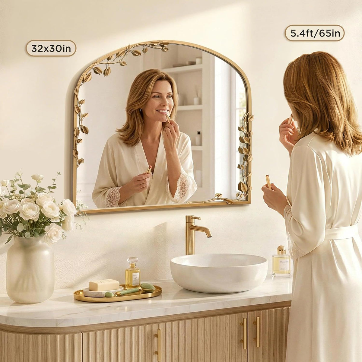 Besdomus Arched Wall Decorative Mirror: 32"x30" Ornate Brass Gold Wall Mirror - Arch Metal Framed with Vine Decorative - Modern Farmhouse for Bathroom/Fireplace/Entryway/Living Room