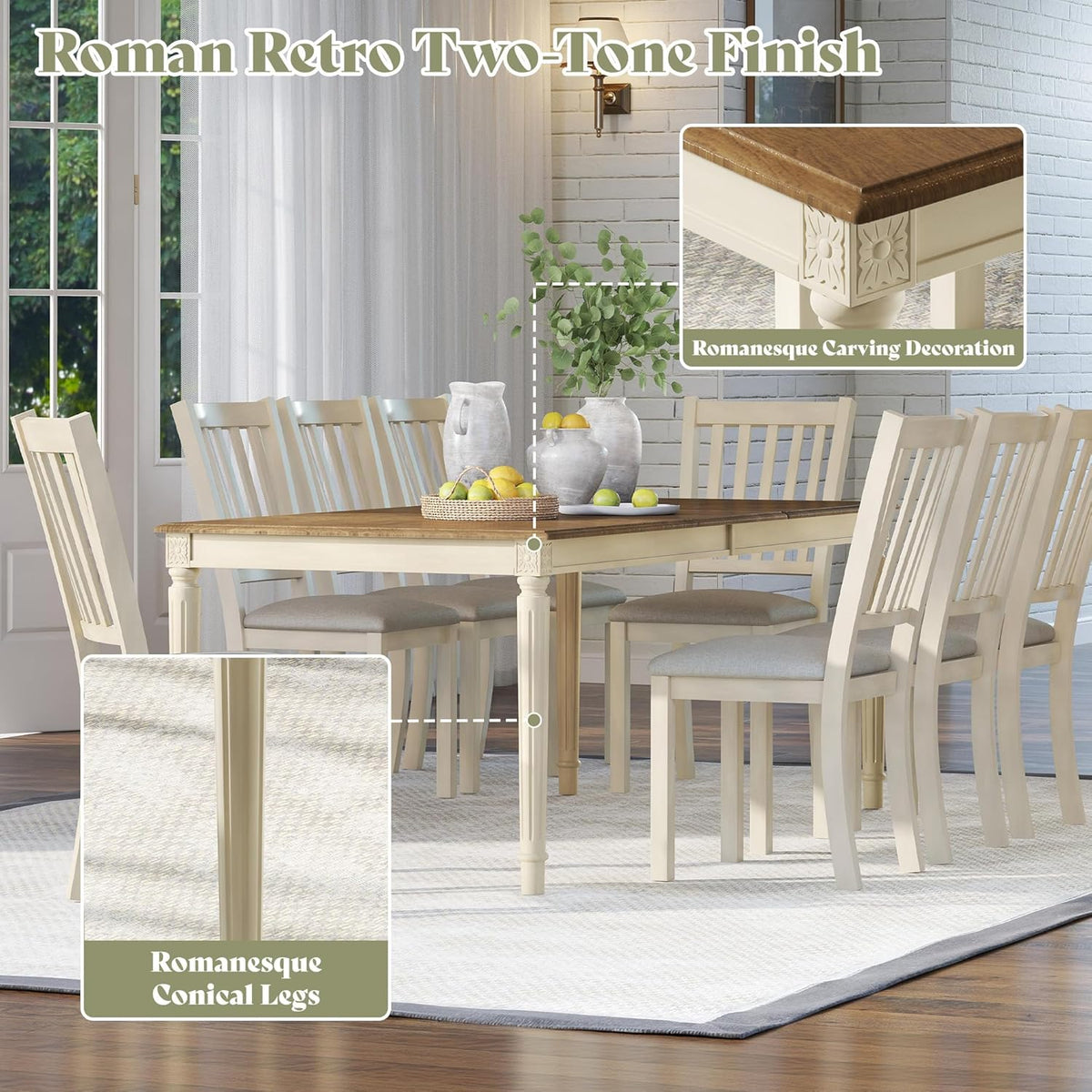 AMERLIFE 9-Piece Farmhouse Solid Wood Dining Table Set with 8 Upholstered Chairs, Roman Conical Legs, Seats up to 8, 79'' Dining Table & Chairs Set for Kitchen and Dining Room, Rustic Cream