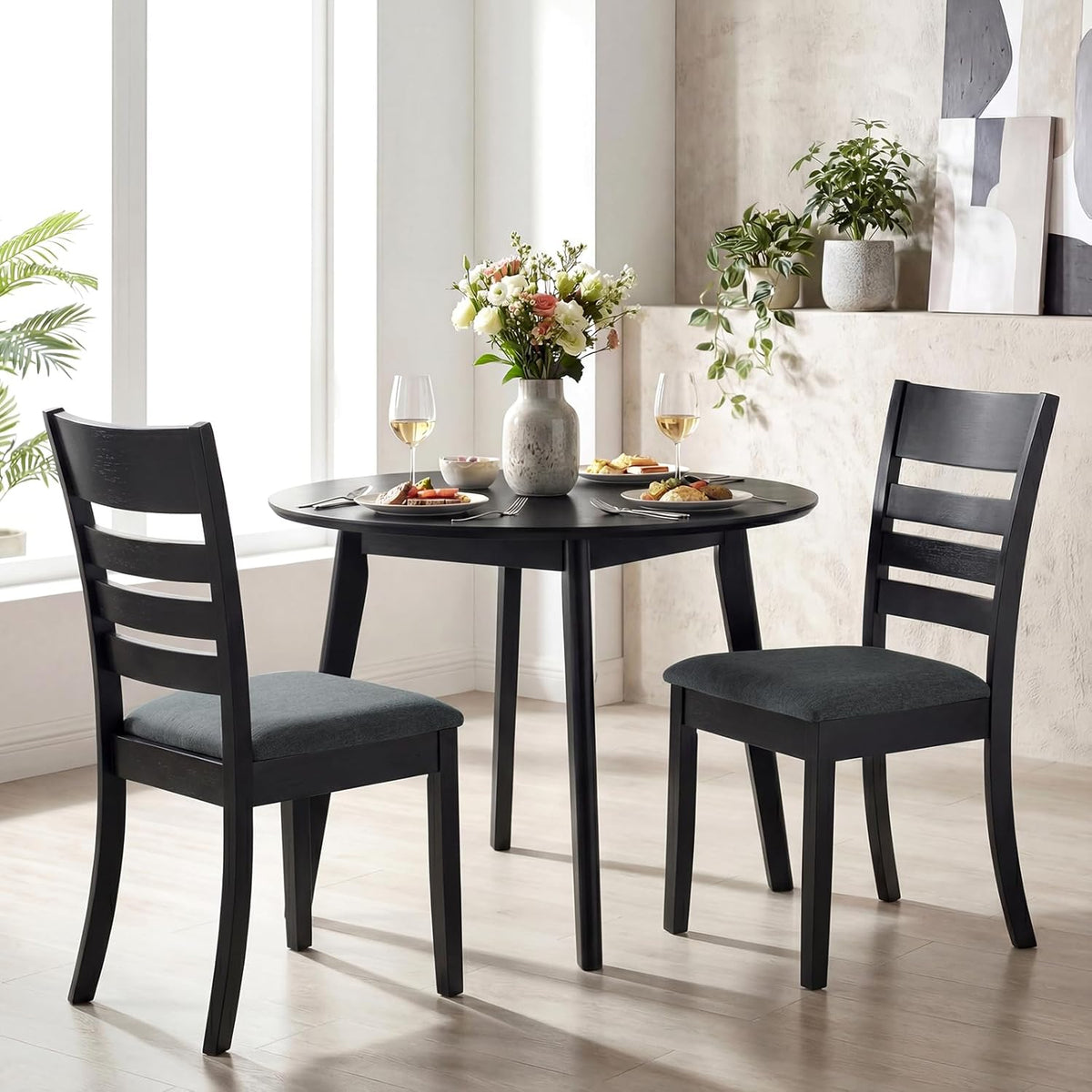 Giantex Wooden Dining Chairs Set of 4, Upholstered Black Kitchen Chair w/Rubber Wood Frame, Curved Slatted Backrest & Wide Padded Seat, Modern Dining Room Chairs for Living Room, Restaurant