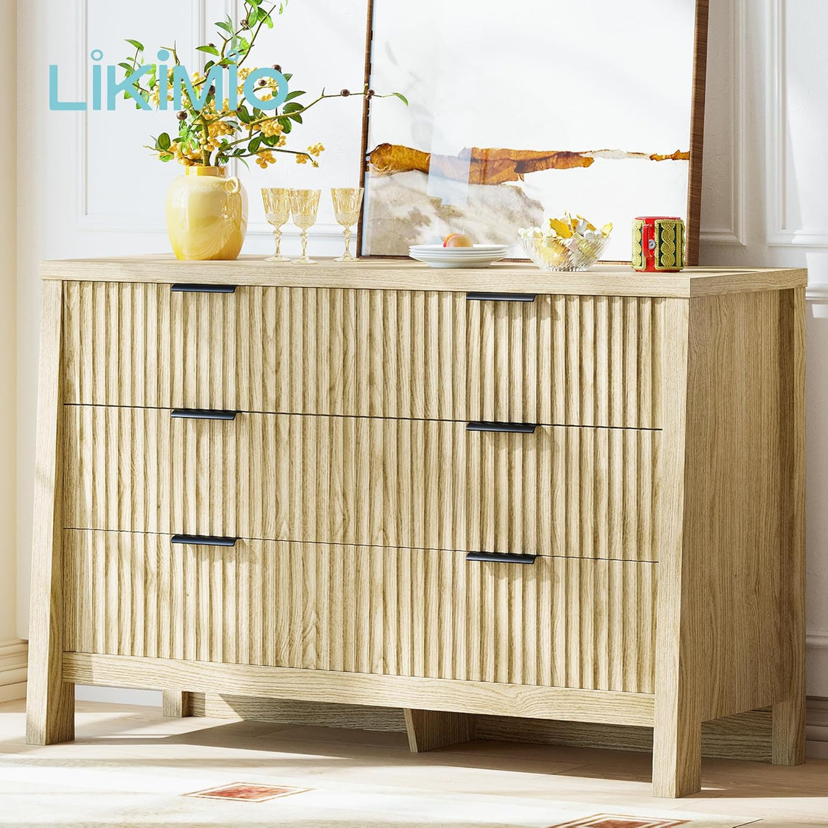 LIKIMIO Fluted 6 Drawers Dresser for Bedroom, 47" Wide Modern Chest of Drawers with Metal Handle, Wooden Dresser Storage Organizer for Living Room, Entryway, Hallway, Natural Oak