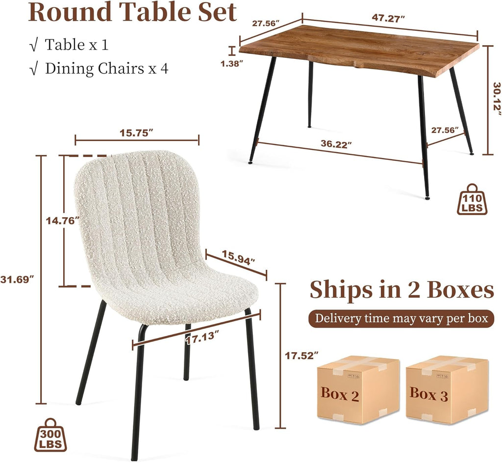 Dining Table Set for 4 with White Boucle Chairs, Mid-Century Modern Rectangle Coffee Table, Kitchen Table and Chairs Set of 4, Perfect for Small Apartment, Home, Dining Room, Breakfast Nook