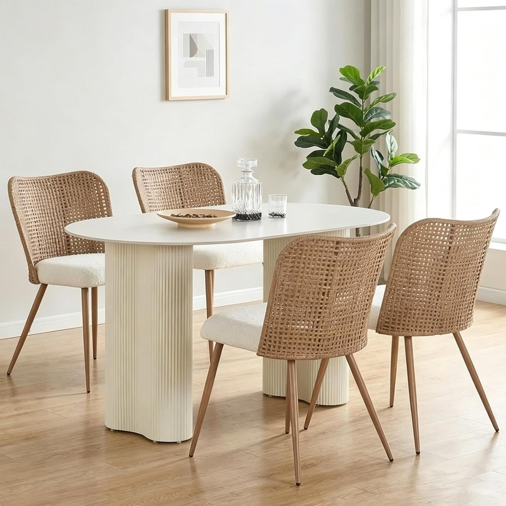 Rattan Dining Chairs Set of 4,Modern Upholstered Kitchen Room Chairs,Accent Dining Chairs with Full PE Cane Back and Metal Legs for Kitchen Restaurant Dining Room,Brown