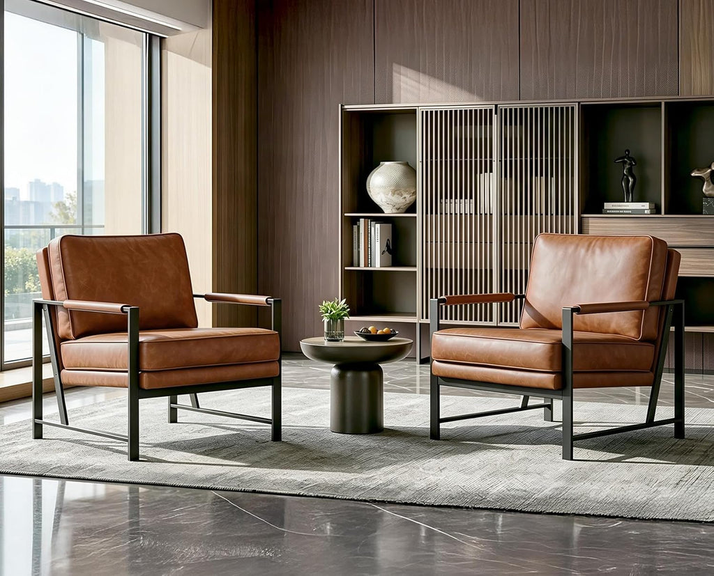 Yaheetech Set of 2 Accent Chairs for Living Room, Oversized Faux Leather Chair, Mid Century Modern Reading Chair for Bedroom Waiting Room, Light Brown