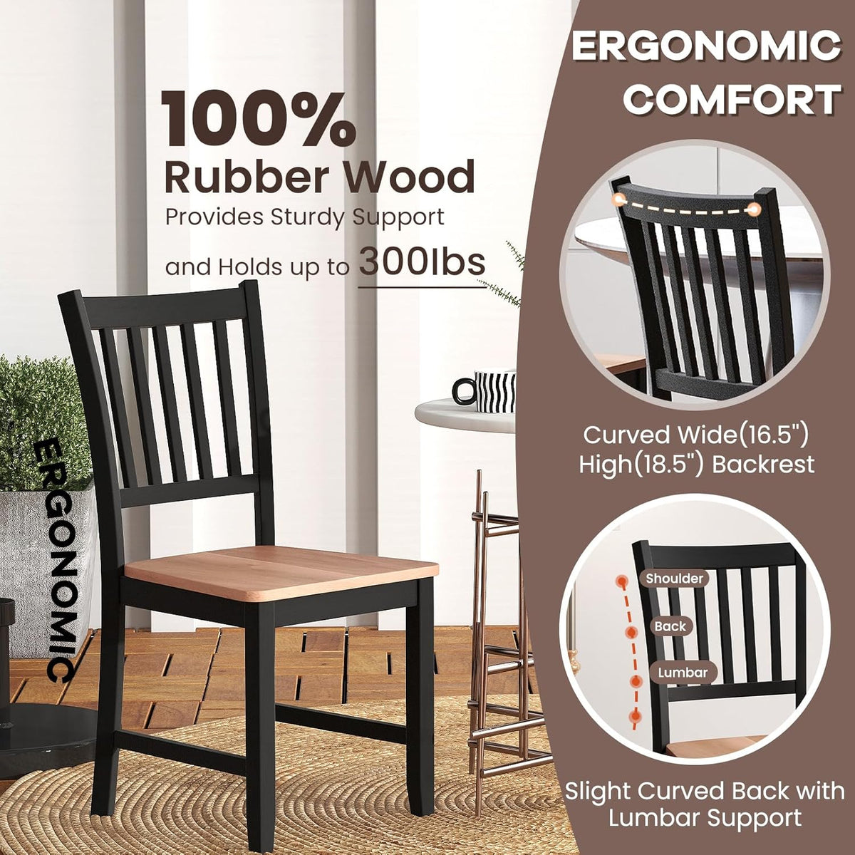 NAFORT Wood Dining Chairs Set of 4, High Back Kitchen Chairs with Solid Rubber Wood Legs, Non-Slip Foot Pads, Max Load 300 Lbs, Farmhouse Seat Dining Room Chairs