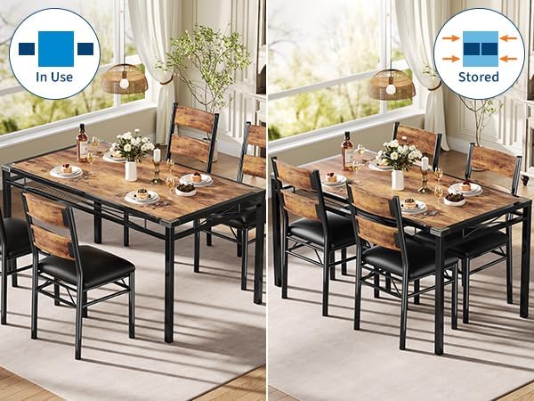 GarveeHome Dining Table Set for 4, Dining Room Table Set for 4 with Upholstered Chairs, Wood Kitchen Table Chairs Set of 4 with Corner Protector for Small Space, Kitchen, Apartment, Rustic Brown