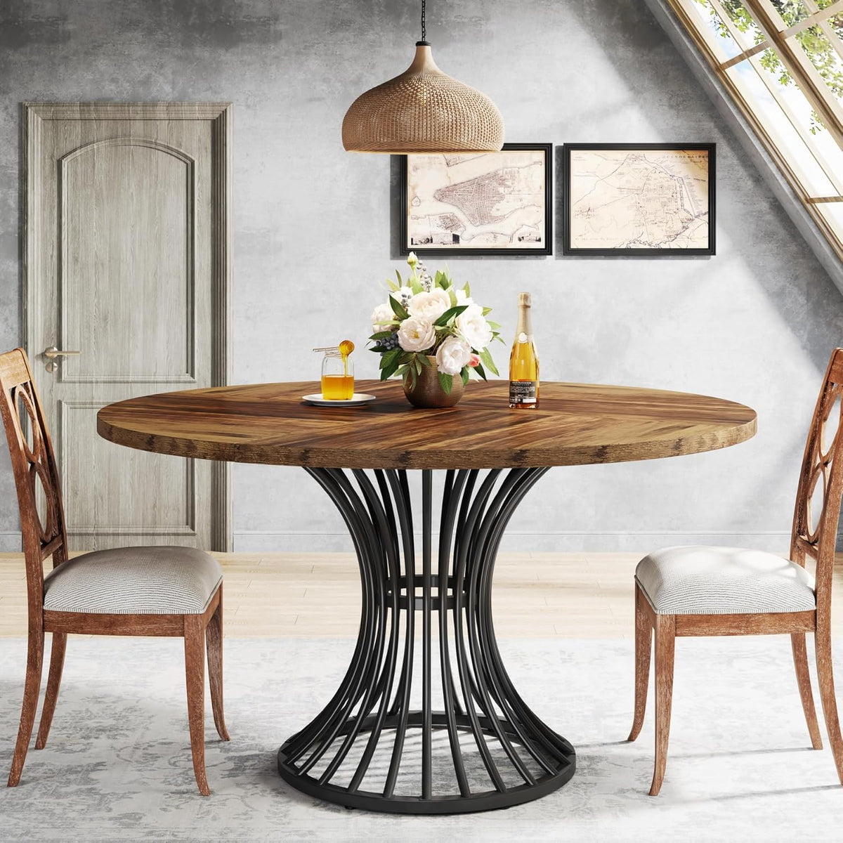 Tribesigns Round Dining Table for 4-6 People, 47-Inch Farmhouse Dinning Room Circle Kitchen Table, Industrial Dinner Table with Metal Base for Kitchen, Living Room, Black and Brown