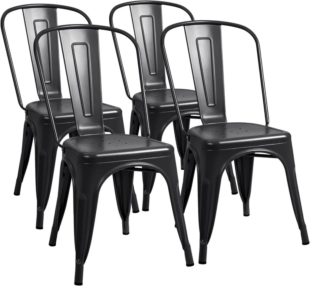 Furmax Metal Dining Chair Indoor-Outdoor Use Stackable Classic Trattoria Chair Chic Dining Bistro Cafe Side Metal Chairs Set of 4 (Black)
