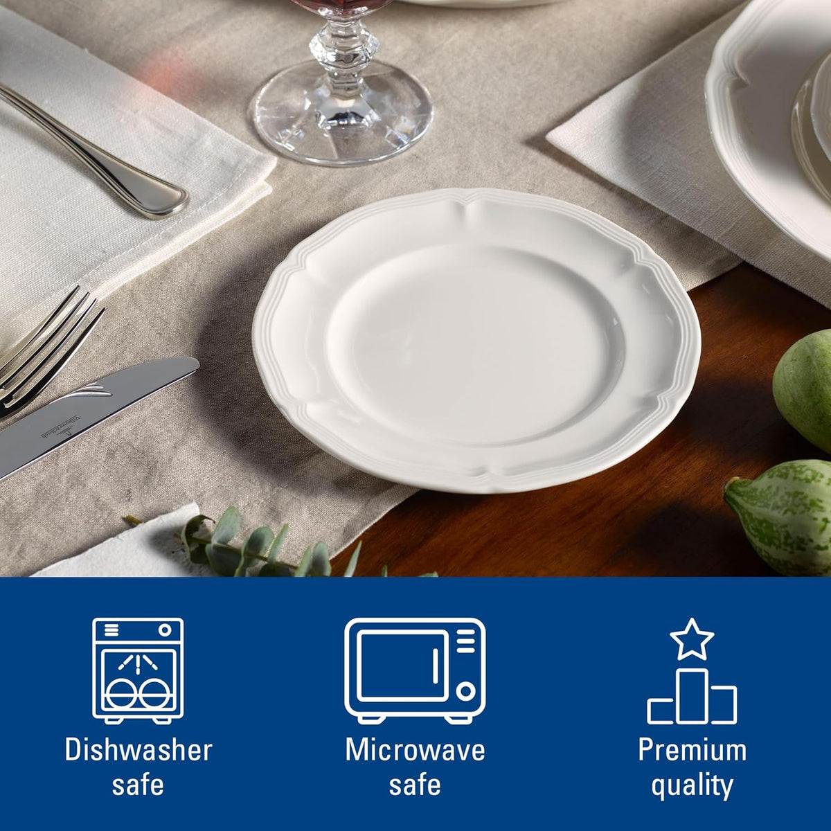 Villeroy & Boch Manoir Collection 18-Piece Dinnerware Set, Plates & Bowls, Premium Porcelain, Made in Germany, Dishwasher & Microwave Safe, Rich, Creamy White