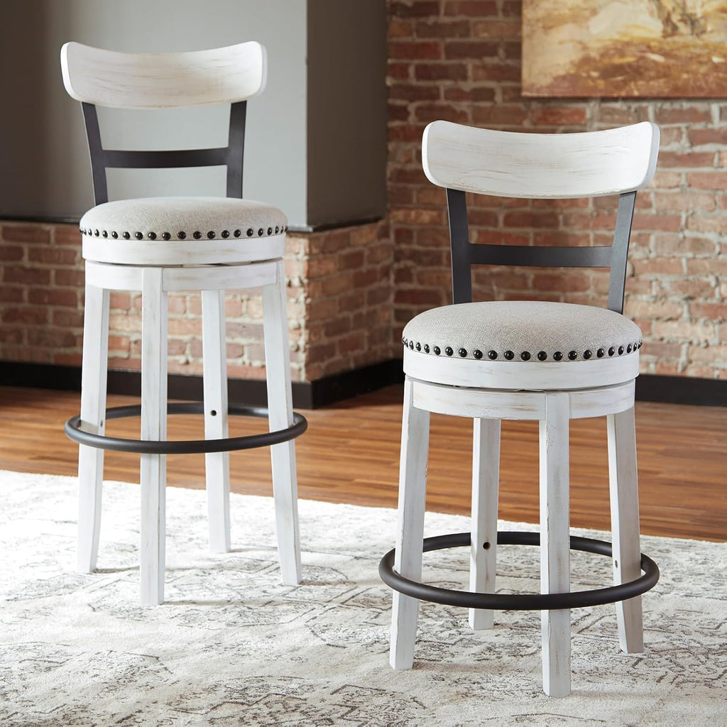Signature Design by Ashley Valebeck Barstool, Rustic-Industrial Counter Height Chair, 360° Swivel, Wood & Metal Frame, Cushioned Seat, Ideal for Kitchen Island with Seating, Vintage White