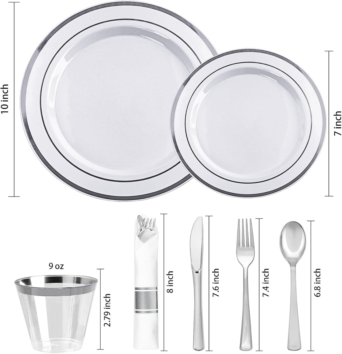700 PCS White and Silver Plastic Dinnerware Set for 100 Guests, 200 Disposable Plates for Party, 100 Pre Rolled Napkins with Silver Silverware, 100 Cups
