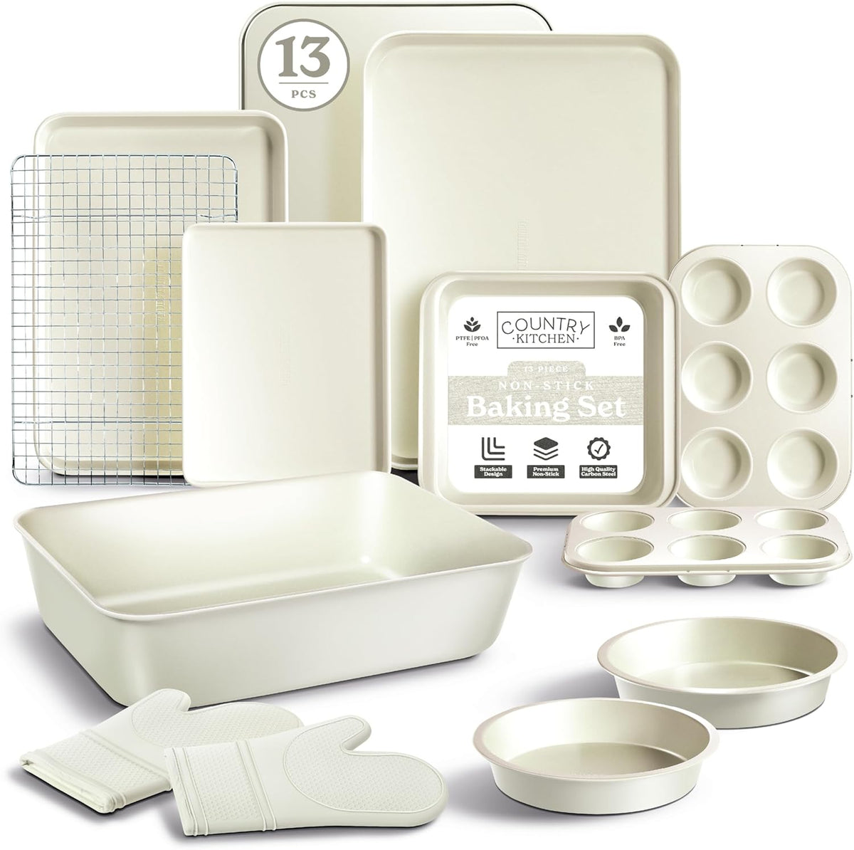 Country Kitchen Nonstick Stackable Bakeware Set - Deluxe Heavy Duty, Durable, Easy Release Baking Set, Cream, 13 Pcs