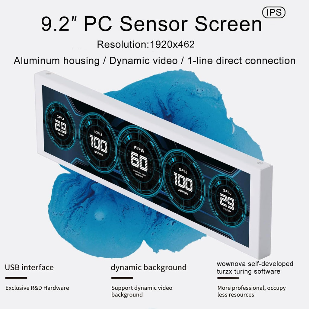 WOWNOVA 9.2" LCD Screen Inside PC Case Computer Temp Monitor Screen, 1 Click 1 Cable to Get Started Quickly PC Temperature Display IPS Sensor Panel CPU RAM HDD Data FPS Mini Monitor (Black)
