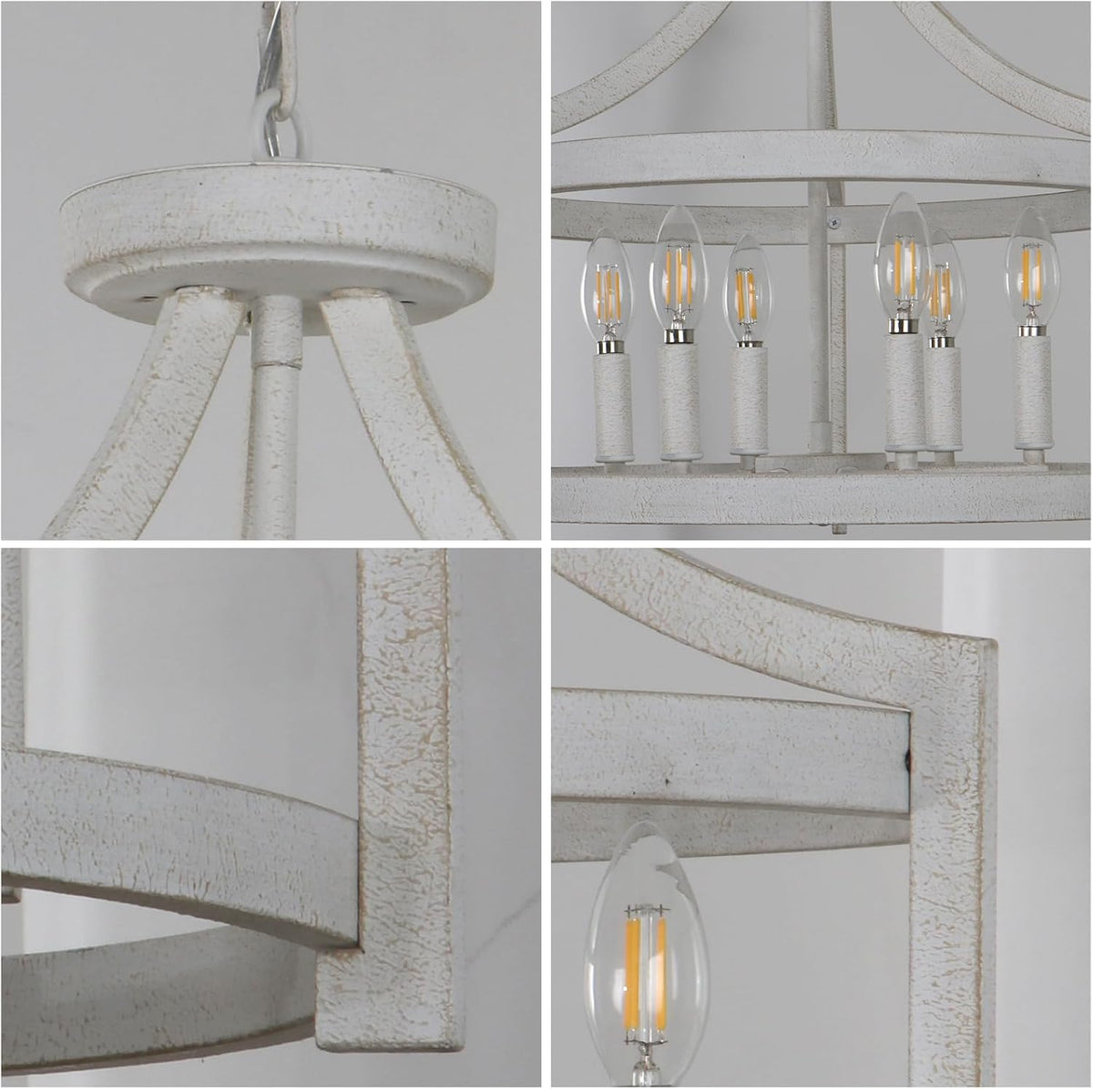 6-Light Farmhouse Chandelier, 19.3'' Vintage Chandeliers for Dining Room, Antique White Semi Flush Mount Ceiling Light, Rustic Metal Hanging Pendant Light Fixture for Entryway Foyer Hallway