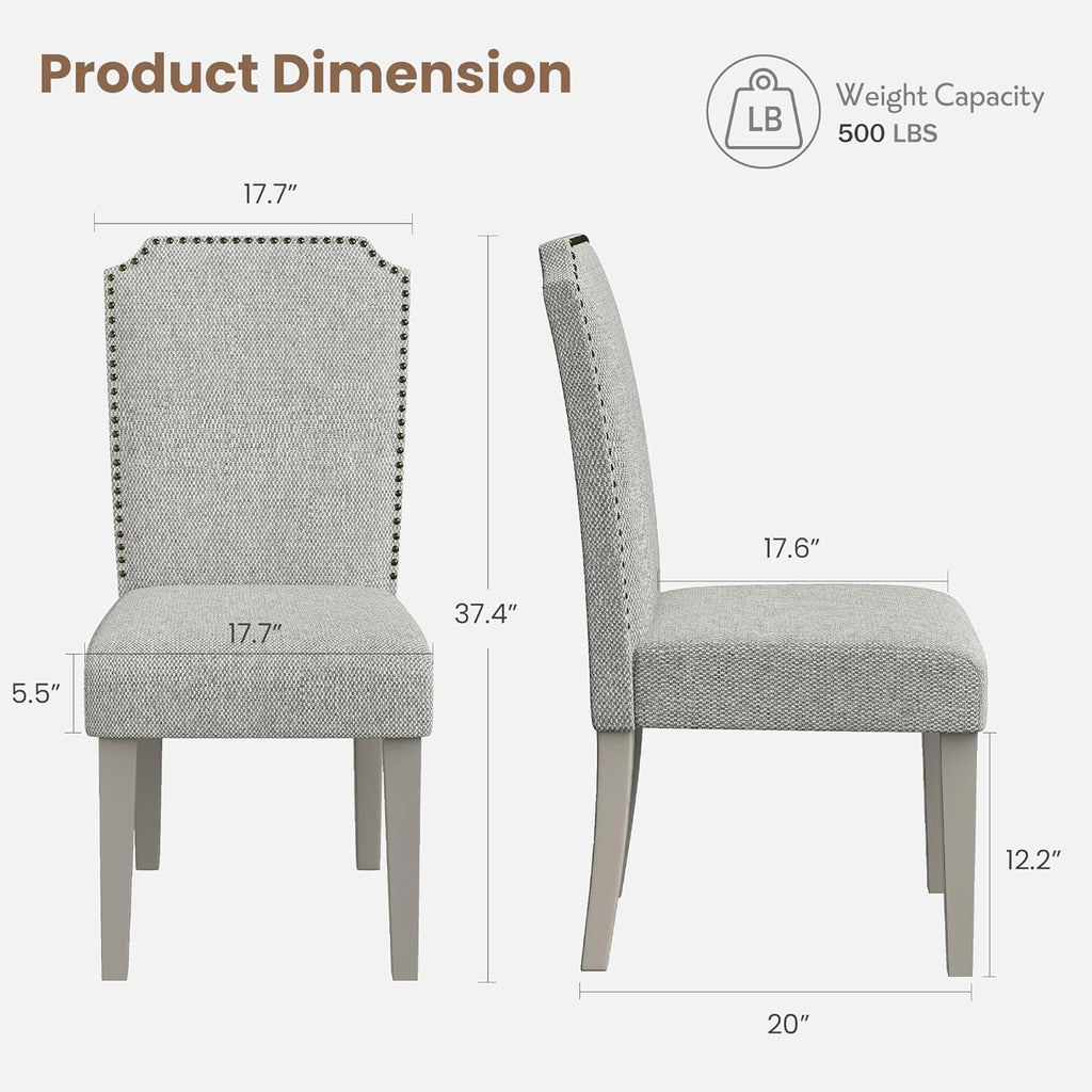 GarveeHome Upholstered Dining Chair Set, Solid Wood Chairs with Solid Wood Legs, Padded High Back Dining Chair with Nailhead Trim, Fabric Side Chair for Dining Room Kitchen Restaurant (Grey, 2PCS)
