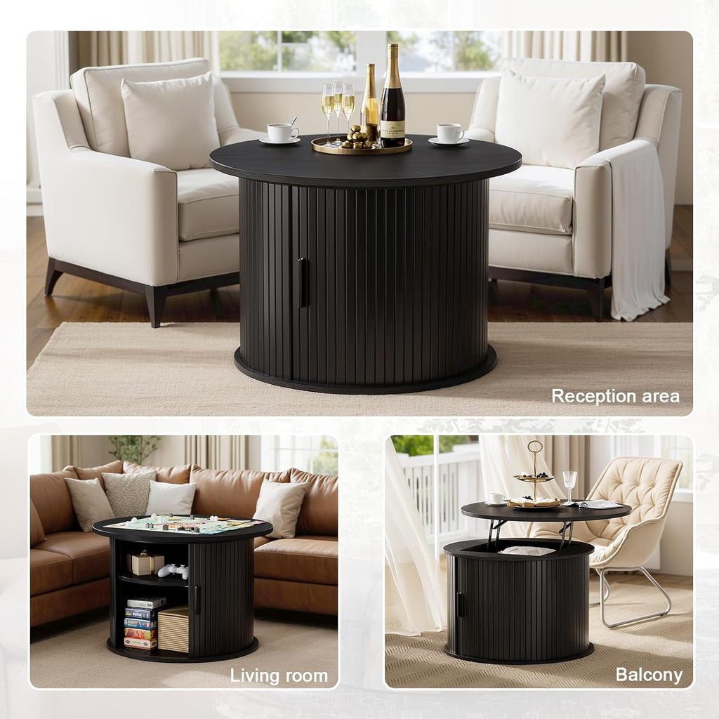 FABATO Round Lift Top Coffee Table, Fluted Wood Accent Coffee Table with Hidden Storage and Open Shelves, Drum Table with Sliding Rolling Door, Small Center Table Dining Table for Living Room, Black