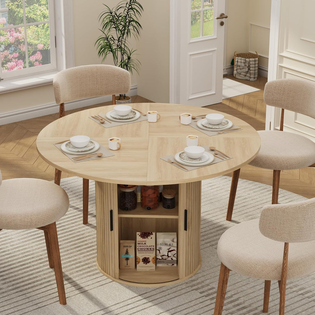 IDEALHOUSE 47 Inch Round Dining Table for 4, Farmhouse Kitchen Table with 2-Layer Storage Shelf and Wood Slide Door, Modern Dinner Table Space Saving, Dining Room, Living Room, Natural Oak
