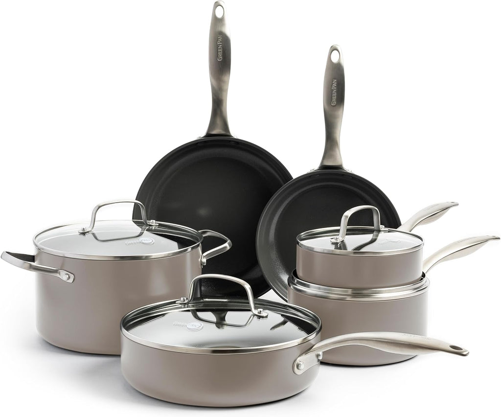 GreenPan Canterbury 10 Piece Cookware Pot and Pans Set, Hard Anodized PFAS-Free Healthy Ceramic Nonstick, Stainless Steel Handles, Versatile Cooking Essentials, Dishwasher & Oven Safe, Clay