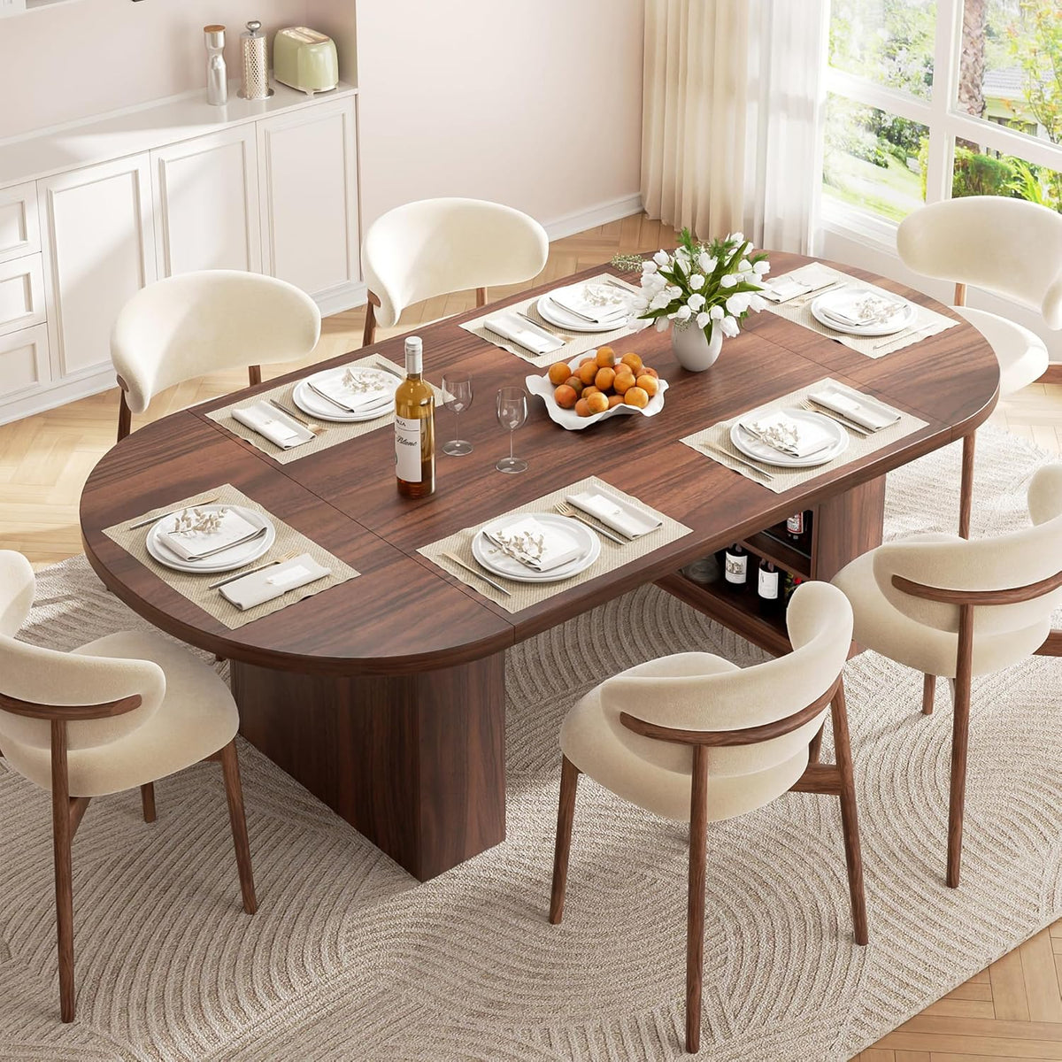 Jocoevol 78.7" Oval Dining Table for 8-10, Modern Dining Room Table with 3-Tier Storage Shelf, Wood Dinner Tables with Heavy Duty Pedestal Base for Kitchen Living Room - Walnut