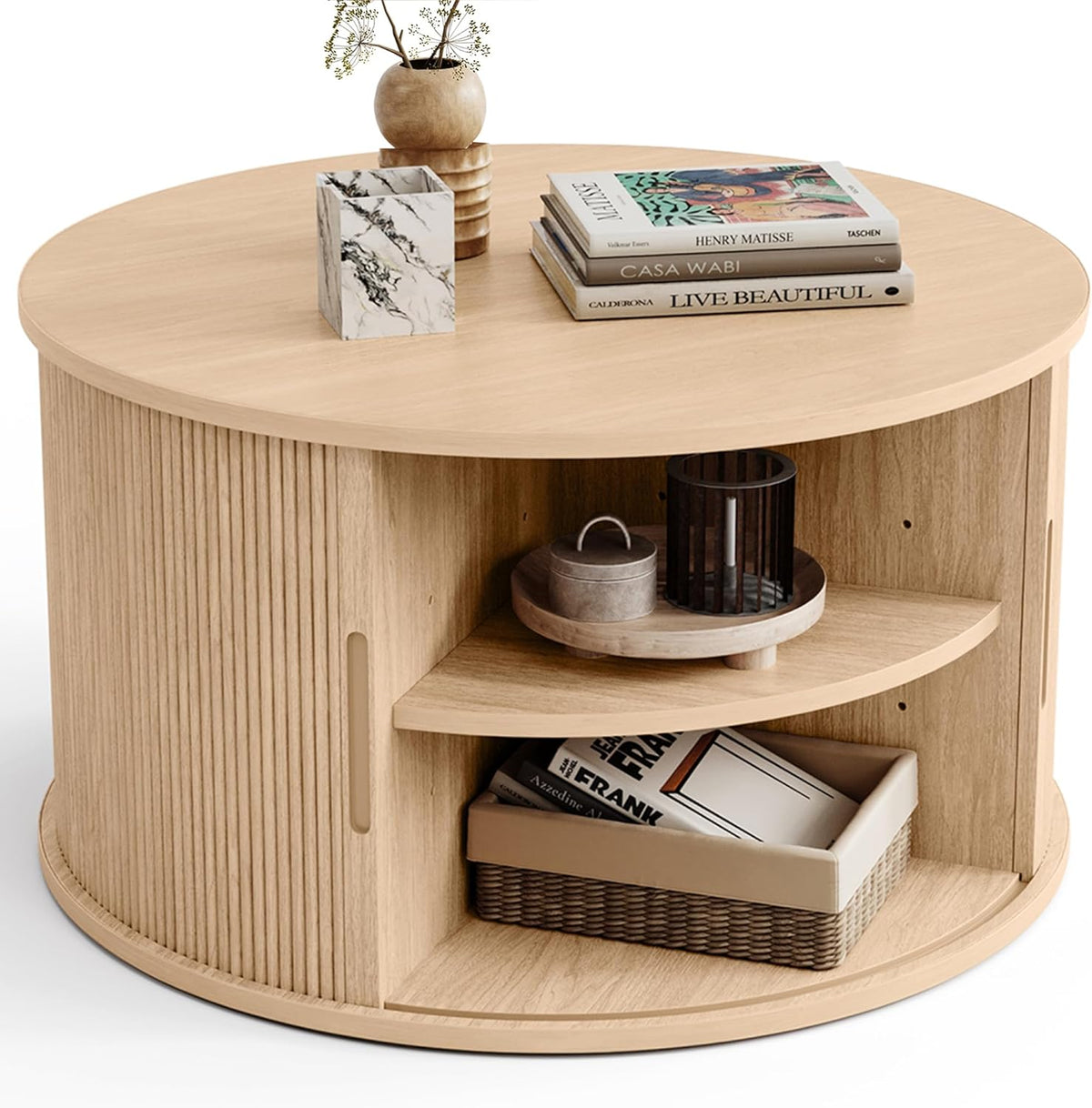 LINSY HOME Round Coffee Table, 31.5" Drum Coffee Table with Sliding Tambour Door, Fluted Accent Center Table with Storage, Mid Century Modern Coffee Table for Living Room, Oak