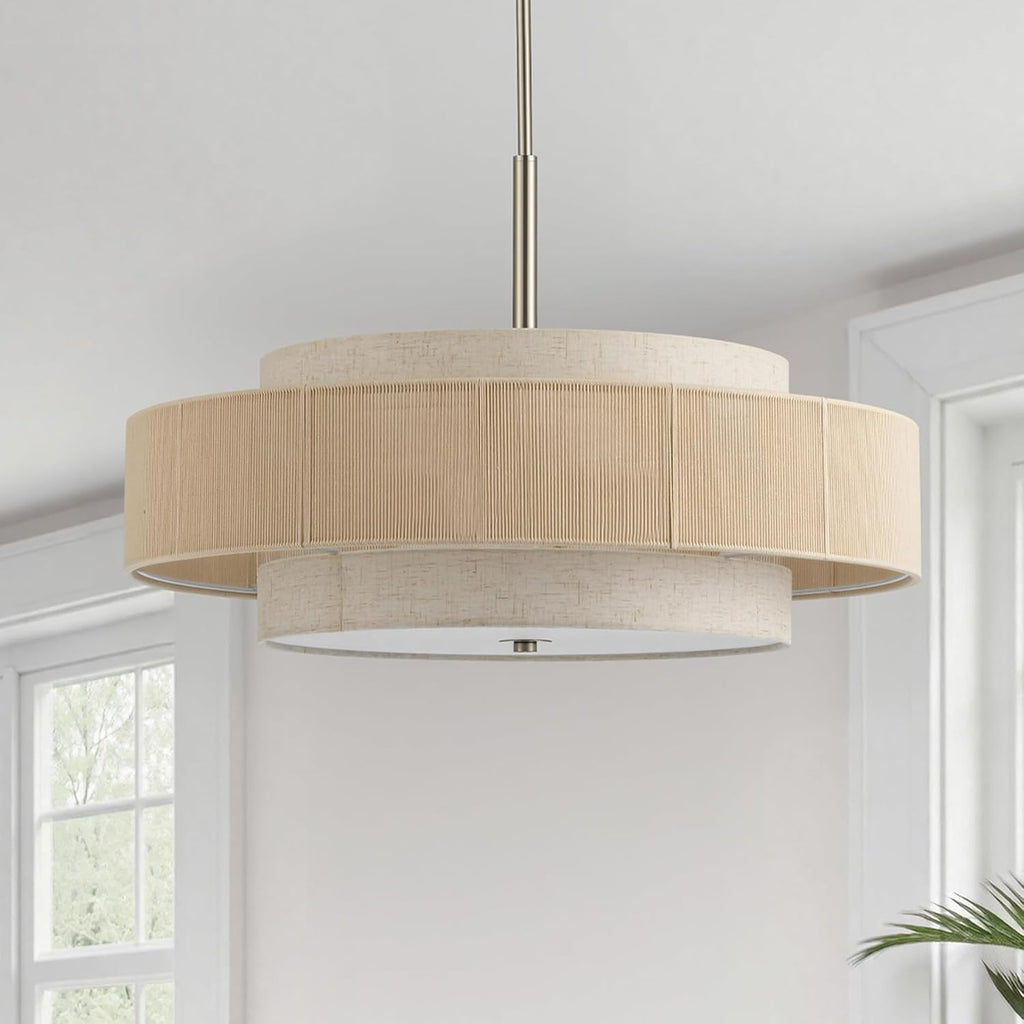 VONLUCE 23.6" Boho Rattan Chandelier, 6-Light Drum Chandelier with 3-Tier Woven Lampshade, Rattan Ceiling Light for Dining Room Bedroom Living Room with E26 Sockets, Nickel Finish, ETL Certified