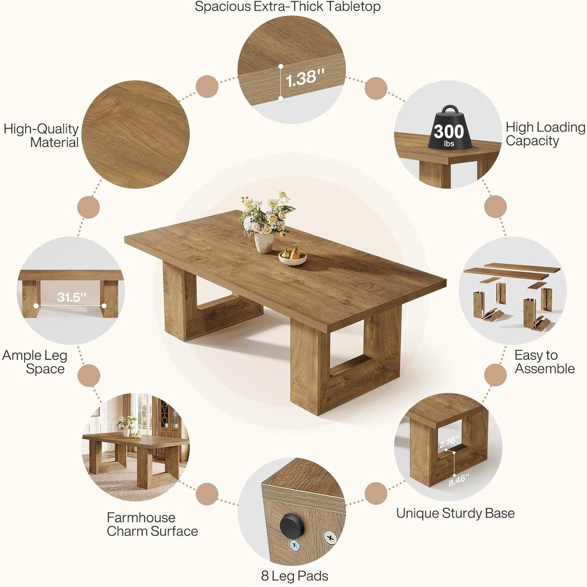 Tribesigns Farmhouse Dining Table, 63-Inch Rectangular Kitchen Table with Strong Geometric Frame for Kitchen & Dining & Living Room, Brown